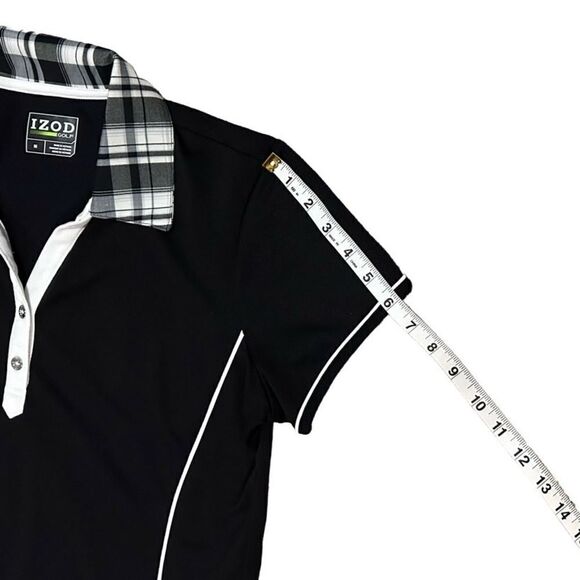 IZOD Golf Black & White Plaid Collar Short Sleeve Fitted Active Top Size Medium - Picture 8 of 10